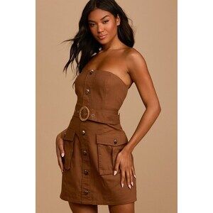 NWT Lulus Best Reason Brown Button-front Belted Strapless Mini Dress - Size XS